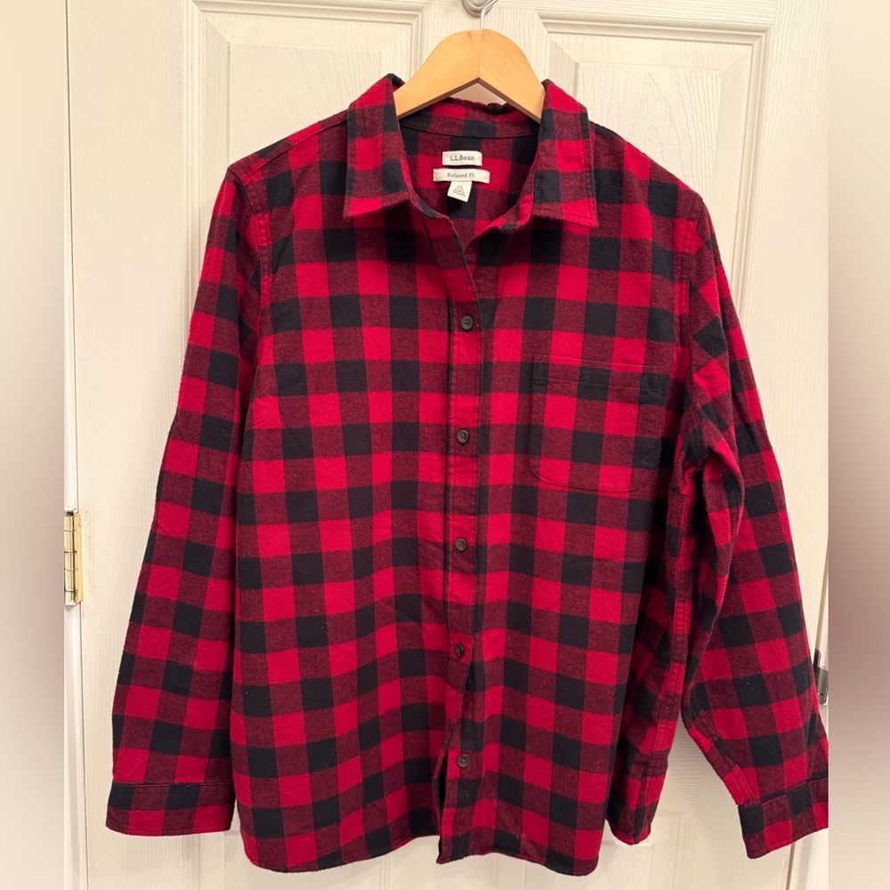 LL Bean Flannel Buffalo Check Red Plaid Shirt Women’s Button Front Size 1X
